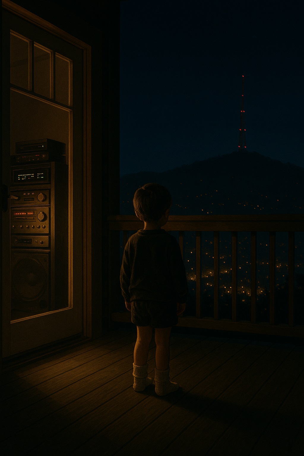 Child on deck at night with stereo and city view